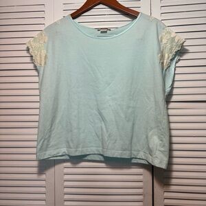Sensara Women's Aqua Cotton Blend Summer Lace Short Sleeve Tops Size L